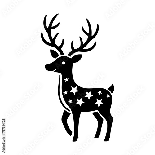 Stylized black silhouette of a deer with large antlers. The body is decorated with stars, creating a whimsical and magical effect on a white background.