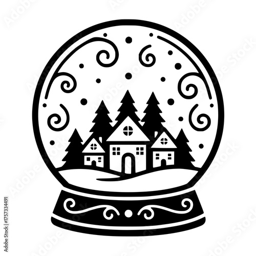 Black and white illustration of a classic snow globe with houses, pine trees, and swirling snowflakes, creating a cozy winter village scene inside the glass dome.