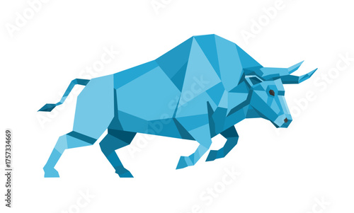 Blue geometric bull charging, origami style - vector illustration