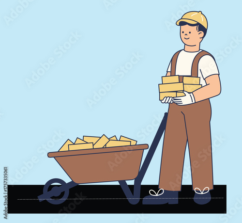 Construction Worker Carrying Bricks with Wheelbarrow – Flat Vector Illustration