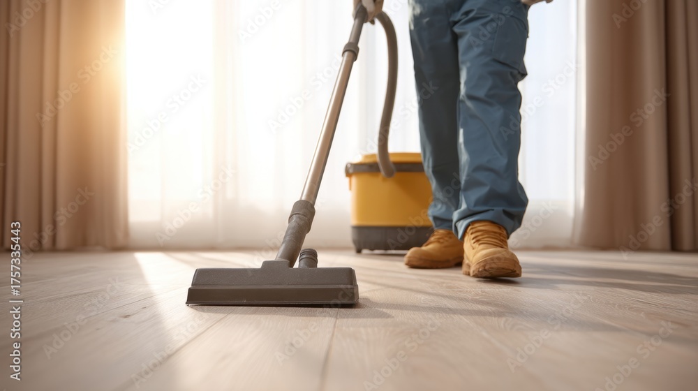 Fototapeta premium Person Vacuuming Hardwood Floor with Professional Equipment in Bright Room with Sunlight Streaming Through Curtains