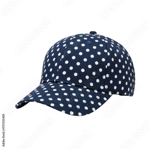 Navy blue baseball cap adorned with white polka dots, isolated on transparent background, offering a stylish and playful accessory