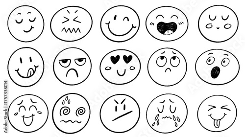 Crayon emoji faces set. Hand drawn chalk icons with emotions, mood, happy, in love, smiling face with tongue hanging out, sad, mad, crying. Vector doodle illustration fun kid style charcoal texture
