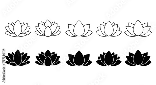 Collection of lotus flower icons in black and white showing different stages of bloom and petal.