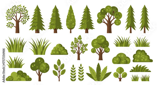 Collection of different green trees and bushes, perfect for adding a touch of nature to any project.