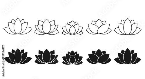 Collection of lotus flower icons in black and white, representing purity, love, and rebirth.