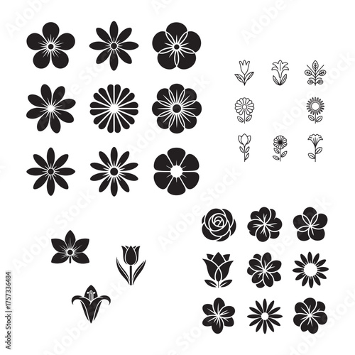 Black and white floral vector icons set, perfect for tattoo design, pattern, and decoration elements