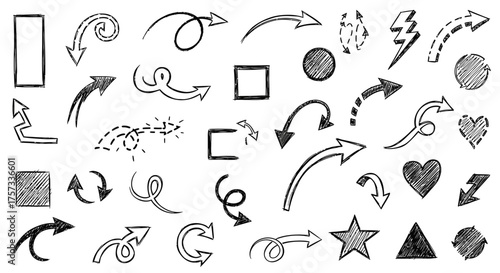 Hand drawn arrow and shape doodles in a variety of styles and orientations on a white surface.