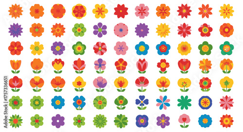 Collection of colorful floral elements with different shapes and vibrant colors, perfect for spring.