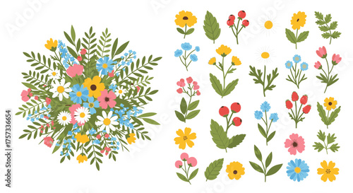A colorful bouquet of wildflowers and individual floral elements are arranged on a white surface.