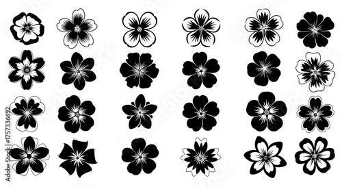 A collection of twenty four monochrome floral elements are displayed in a grid arrangement,.