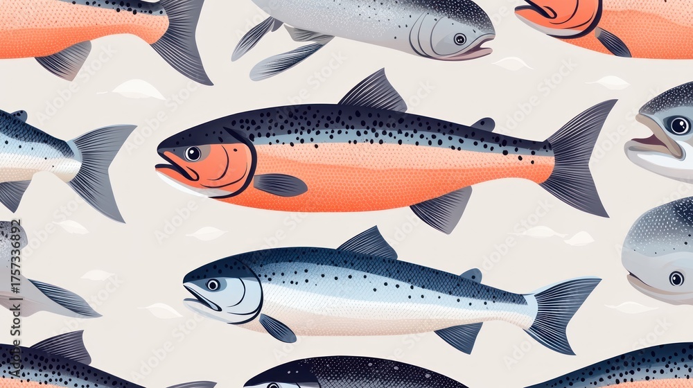 Seamless pattern of various salmon species swimming.