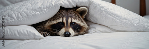 An adorable raccoon is cozily tucked under a white duvet in a bed, creating a charming and comforting scene