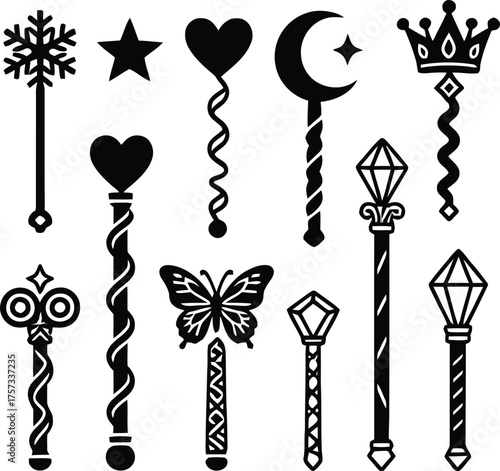 Enchanted Instruments Collection: Different Types Of Magic Wands Vector Illustration - Mystical Tools Dancing With Spellbinding Wonder