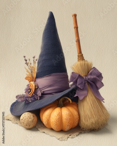 Halloween pumpkin and witch hat.Halloween witch hat, broom, and pumpkin clip art with ribbon and purple decoration. Perfect for Halloween stickers, t-shirt designs, clip art collections and digital. 