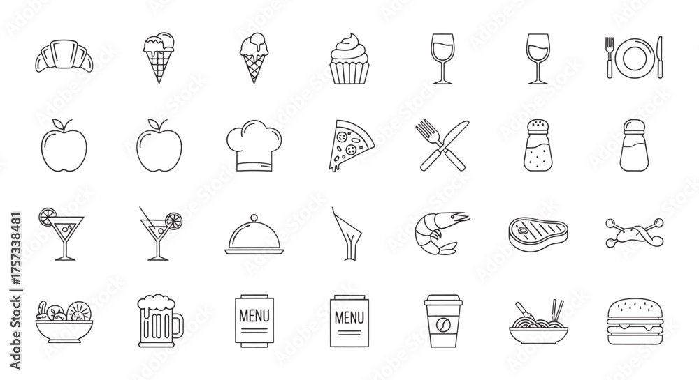 Fototapeta premium Hand drawn sketch icons of food drinks and restaurant items
