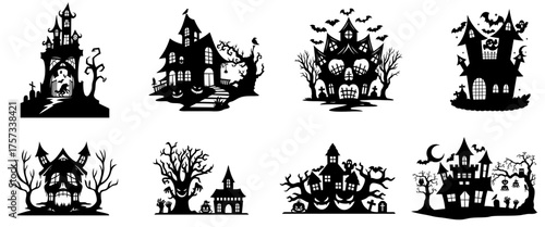 Halloween haunted house collection — gothic castles, vintage mansions, medieval towers and spooky abandoned homes in dark victorian and classic horror style