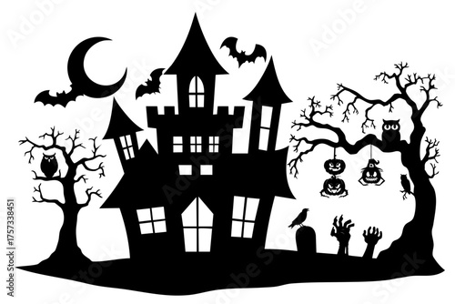 Gothic halloween castle with bats flying around moon, spooky bare trees, pumpkins, graves, owl and ghostly hands from the ground
