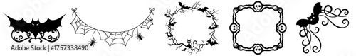 Halloween decorative frame and border set — circular, square, corner and central ornaments with bats, webs, skulls and swirling gothic patterns