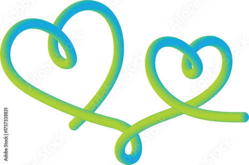 Two intertwined hearts drawn with a vibrant blue and green gradient brush stroke on a white background