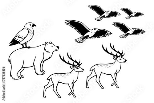 bear, birds and deer silhouette