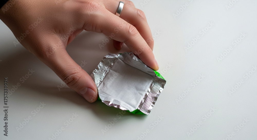 Waste Wrapper Empty chewing gum wrapper held by hand on white surface, waste disposal ...