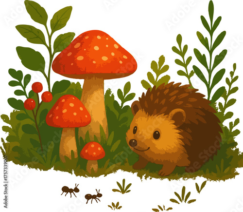 hedgehog and cute garden with mushroom vector illustration