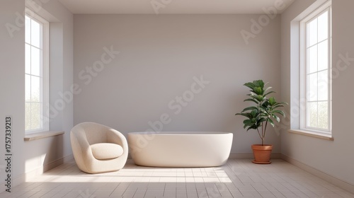 Wallpaper Mural Minimalist Bathroom Interior with Soft Light, Cozy Chair, White Bathtub, and Indoor Plant in Contemporary Space for Relaxation and Serenity Torontodigital.ca