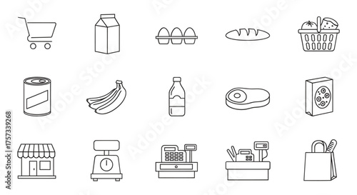 Hand drawn grocery store items and shopping icons in a grid layout