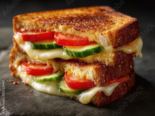 Double Stacked Grilled Cheese Sandwich Delight: Crispy Bread Layers, Slices of Tomato and Cucumber, Cheesy Goodness, Culinary Studio Shot, Tempting Vegetarian Meal