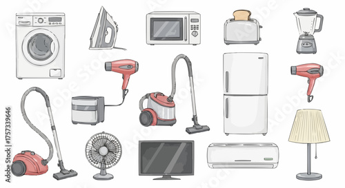 Watercolor household appliance collection, modern home electronics and tools in soft muted colors, clean illustrative domestic design