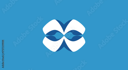 A symmetrical design on a blue background. The design features white and blue shapes resembling a four-petal flower