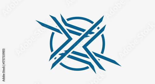 A teal geometric design features a circle intersected by stylized arrows on a white background