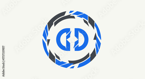 Blue & grey geometric abstract on white. A circular emblem. Two "D" shapes