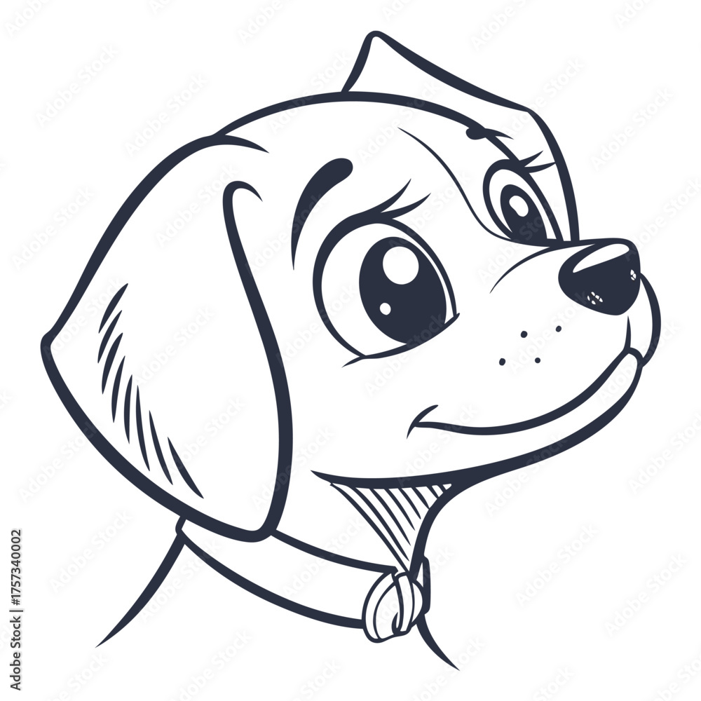 Obraz premium Illustration of a cartoon dog with big eyes and a collar in black and white line art style design vector