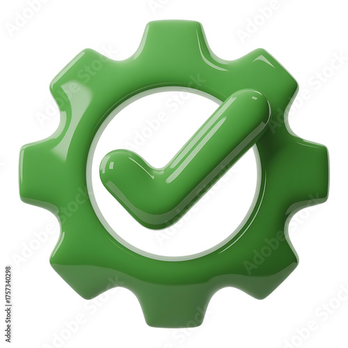 Green 3d gear icon with checkmark symbol for settings and completion isolated on transparent background