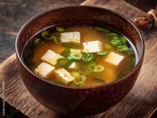 Classic Miso Soup with Tofu and Green Onions in Wooden Bowl: Authentic Japanese Cuisine, Umami Flavor, Healthy and Nutritious Broth, Perfect for Comfort Food and Traditional Asian Dish