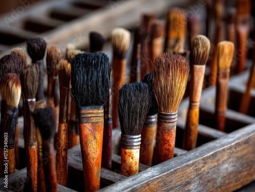 Collection of Artist Paintbrushes in Wooden Box