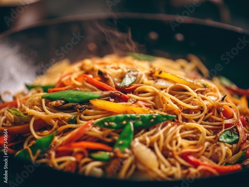 Wok Stir-Fry with Noodles and Fresh Vegetables: Close-Up of Steaming Asian Dish Featuring Broccoli, Bell Peppers, Carrots, and Peas, Representing Healthy Gourmet Food and Culinary Art on Stove Top