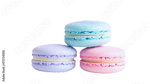 Colorful French macarons and macaroons are a delicious assortment of sweet dessert cookies isolated on a white background