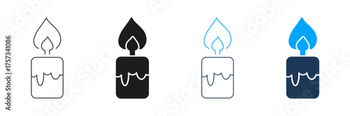 Candle With Flame Line And Solid Icon Set. Illumination, Relaxation, And Spiritual Symbol Collection. Decorative And Aromatic Candlelight Design. Isolated Vector Illustration