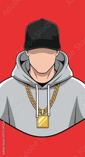 Vector Illustration of Urban Hip Hop Style Man in Hoodie and Cap in Minimalist Modern Style with Gold Chain and Pendant on Red Background