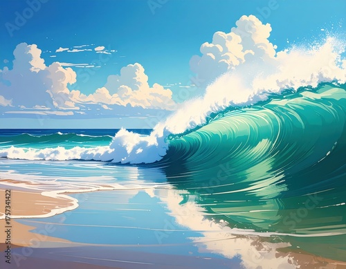 Pixelated Wave Crashing On Sandy Shore Under Bright Blue Sky And Fluffy Clouds