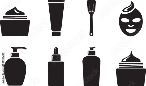 Silhouetted Beauty and Cosmetic Products for Skincare and Personal Care Illustrated Against a White Background Showing a Collection of Essential Items