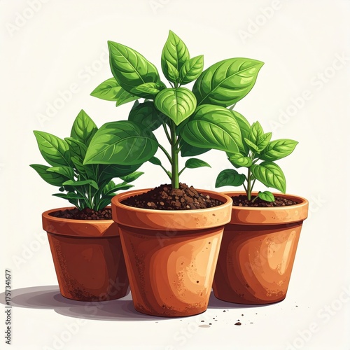 Three Potted Green Plants against a White Background Illustrative Watercolor Style