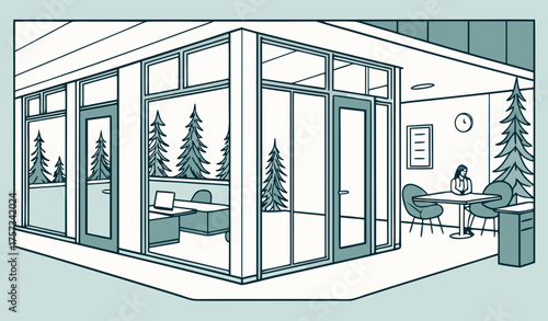 Professional office interior with a combination of private workspaces and collaborative areas, all set within a minimalist design with ample lighting and modern finishes in winter forest