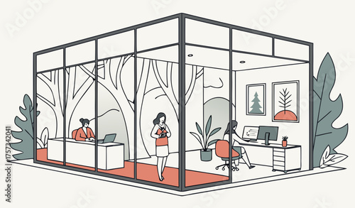 Professional office interior with a combination of private workspaces and collaborative areas, all set within a minimalist design with ample lighting and modern finishes in winter forest