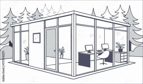 Professional office interior with a combination of private workspaces and collaborative areas, all set within a minimalist design with ample lighting and modern finishes in winter forest