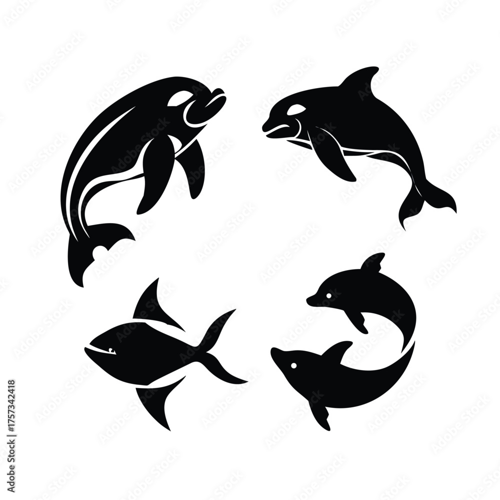 Fototapeta premium Solid Black Silhouette Vector Set of Marine Animal Logos