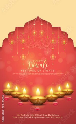 Happy Diwali - Vibrant Festival of Lights Celebration Background Poster Design With Decorative Diya.Indian Hindu Light Festival. Holiday Background. Vector Illustration.